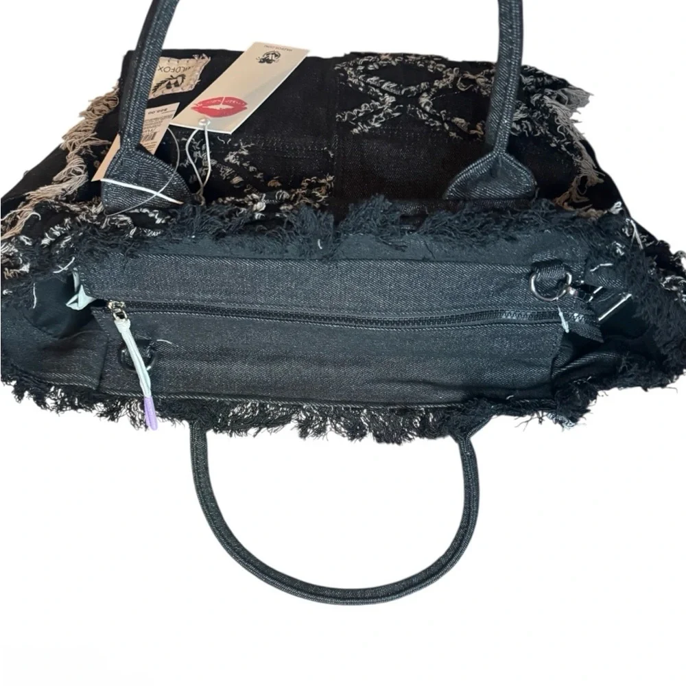 Wildfox Black Denim Distressed Black/Gray Detail Tote Bag w/adjustable strap - Picture 4 of 4